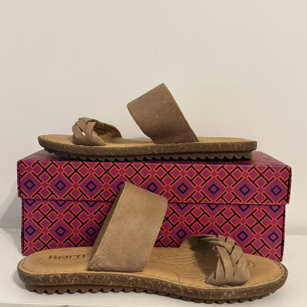BORN Women’s Cherita Flat Slide Sandals Tan Leather Double Strap Size 7M